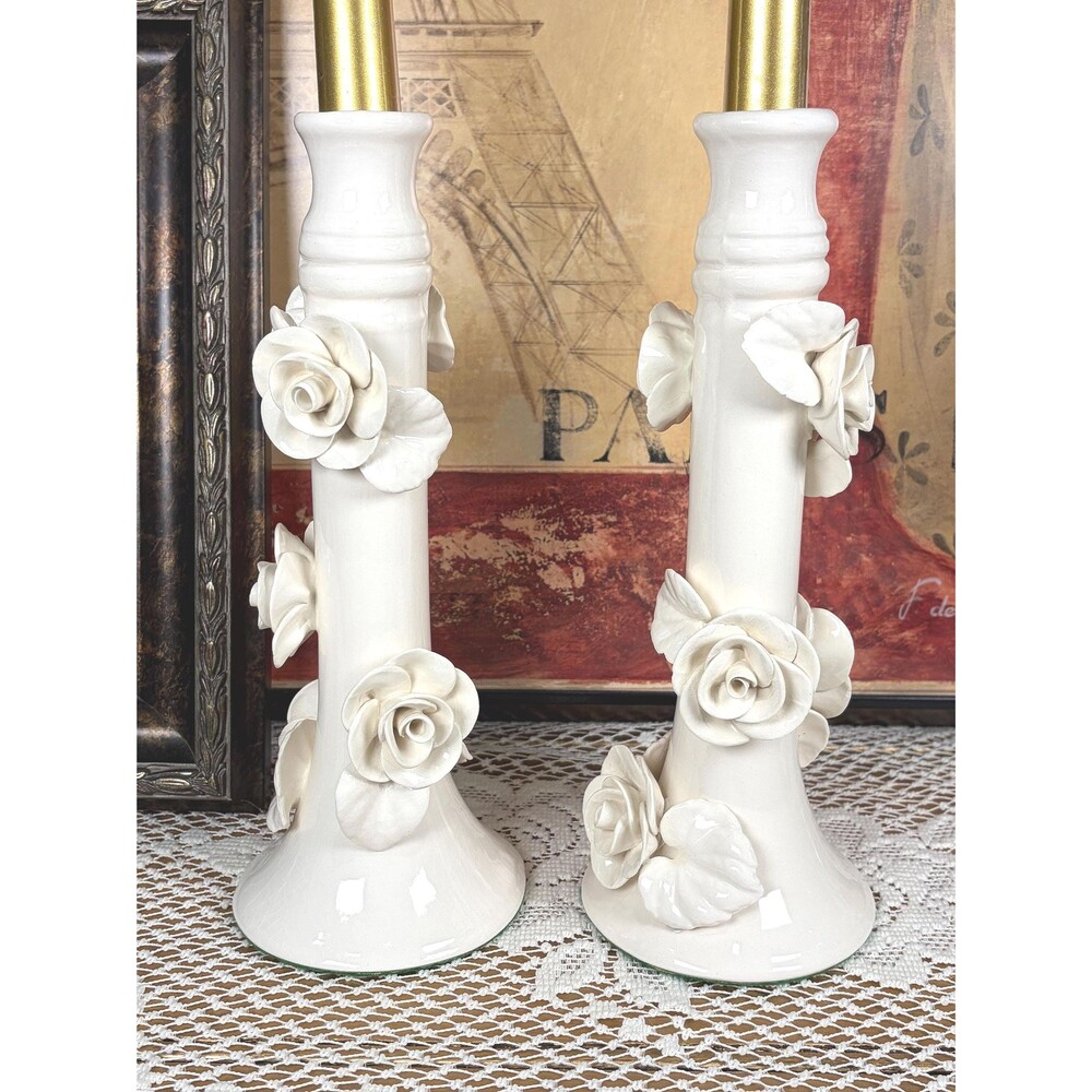 Paper Windows USA Candlestick holder Taper White Ceramic Applied Rose Pair Rare